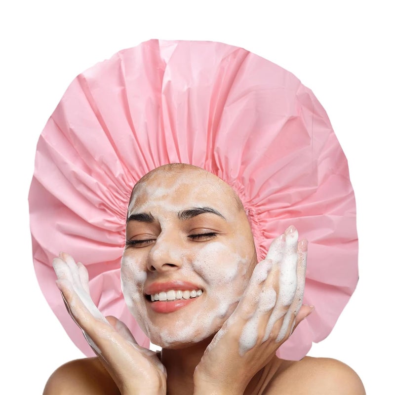 CHFONG Extra Large Shower Cap 2 PCS Waterproof Shower Caps for Women, Super Jumbo Shower Cap, Reusable Super Large Bath Caps Hair Cap for Long Thick Curly Hair, Locs, Twist Braids - Black + Pink - Image 2